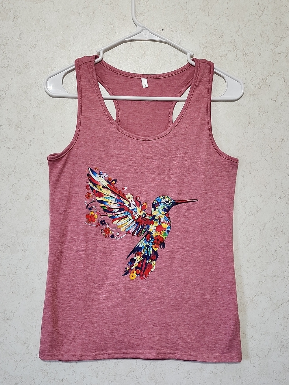 Floral Hummingbird Graphic Racerback Tank Colorful Bird Summer Light Dusty Rose